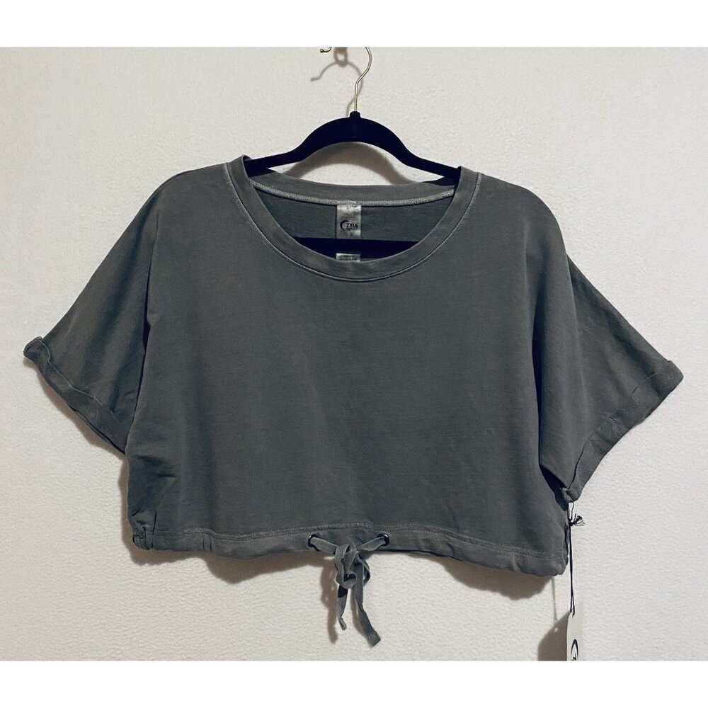 Zyia Active Top Womens XL Gray Rebel Crop Drawstring Hem Yoga Workout Gym